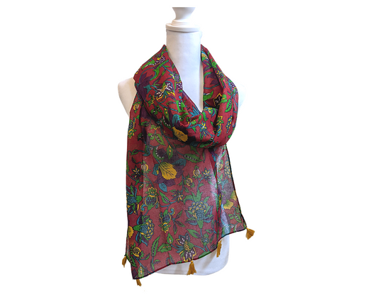 Red Multicolored Floral Cotton Scarf | Yellow Tassels - Craft Bazaar