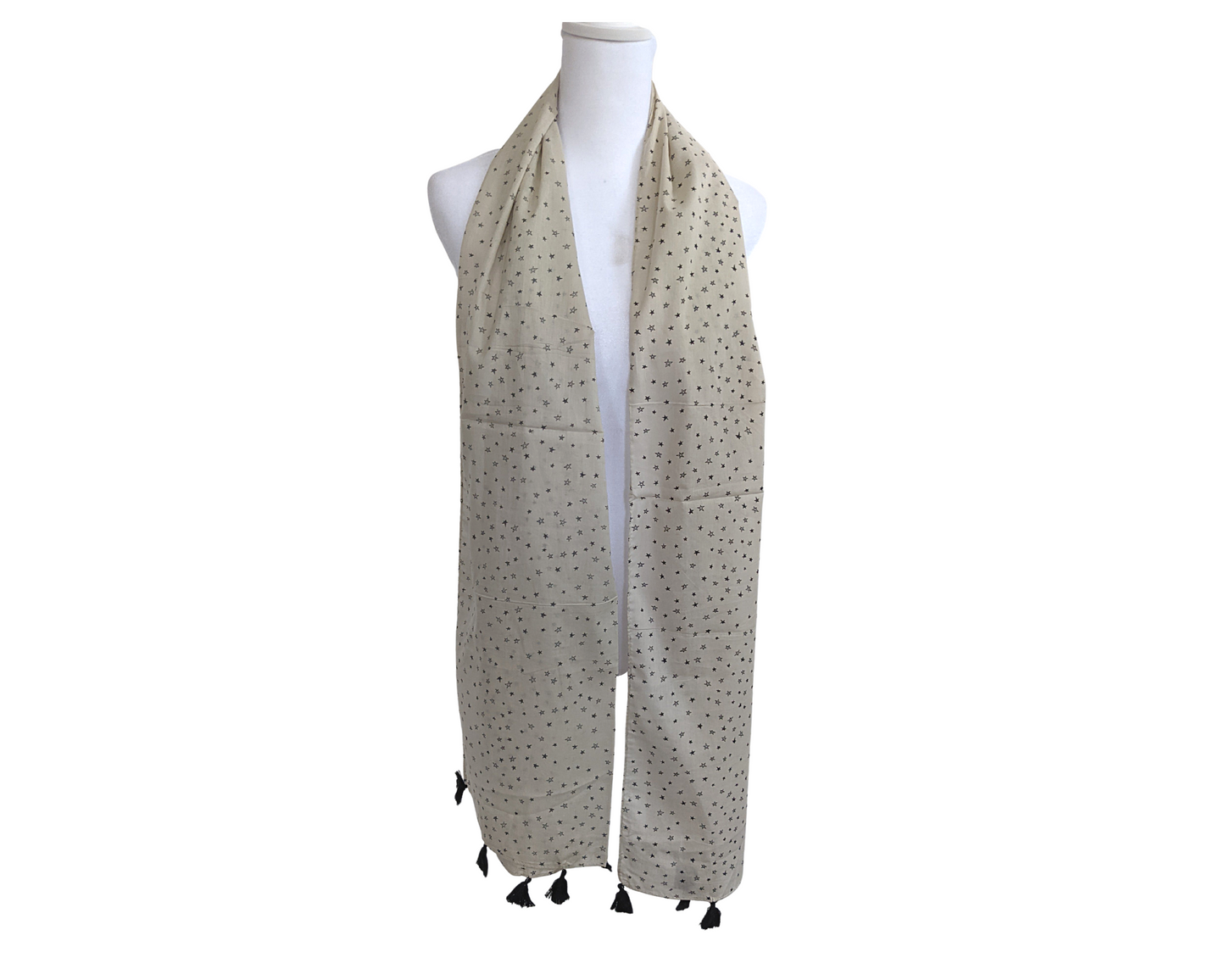 Off White Stars Cotton Scarf | Black Tassels - Craft Bazaar