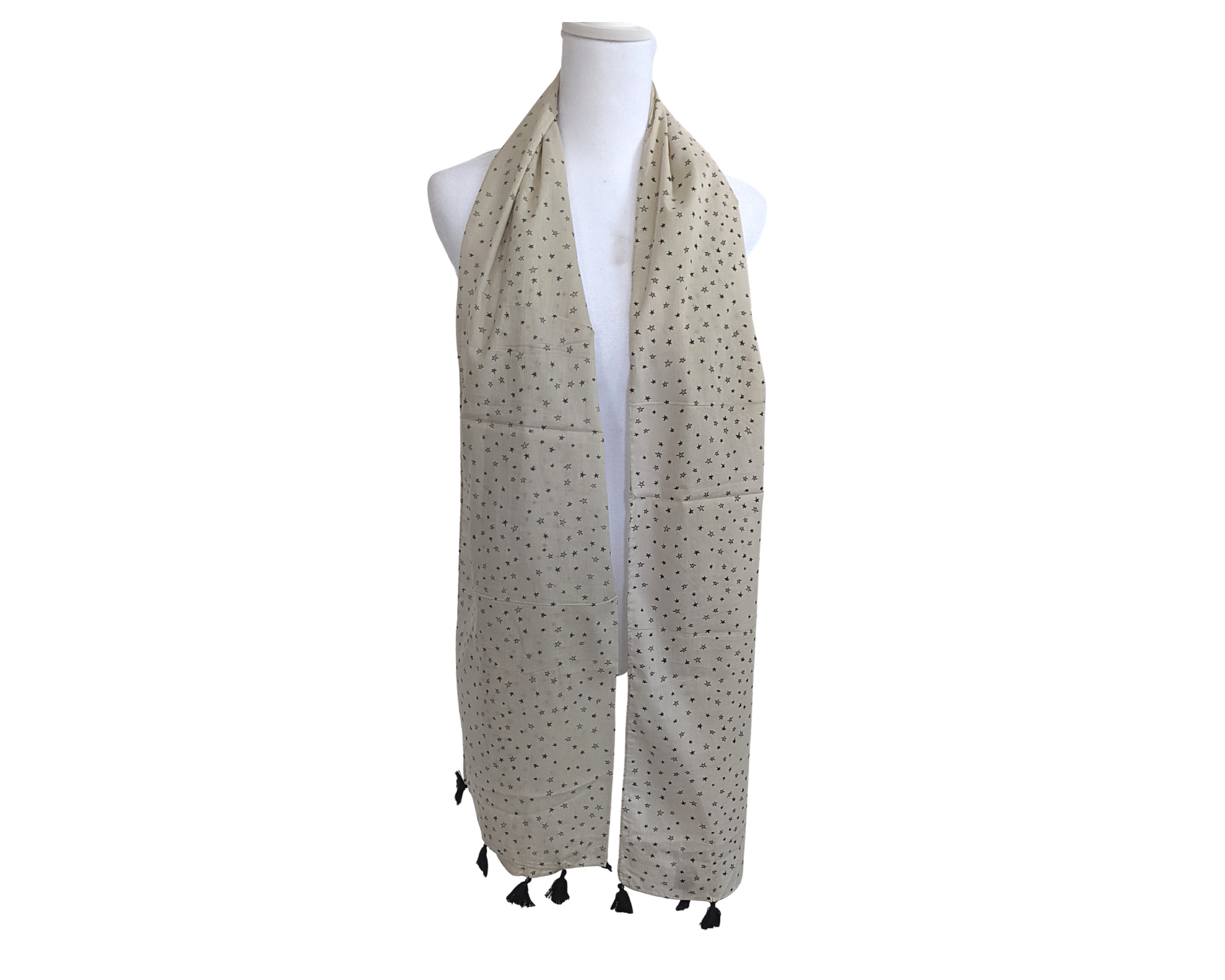 Off White Stars Cotton Scarf | Black Tassels - Craft Bazaar