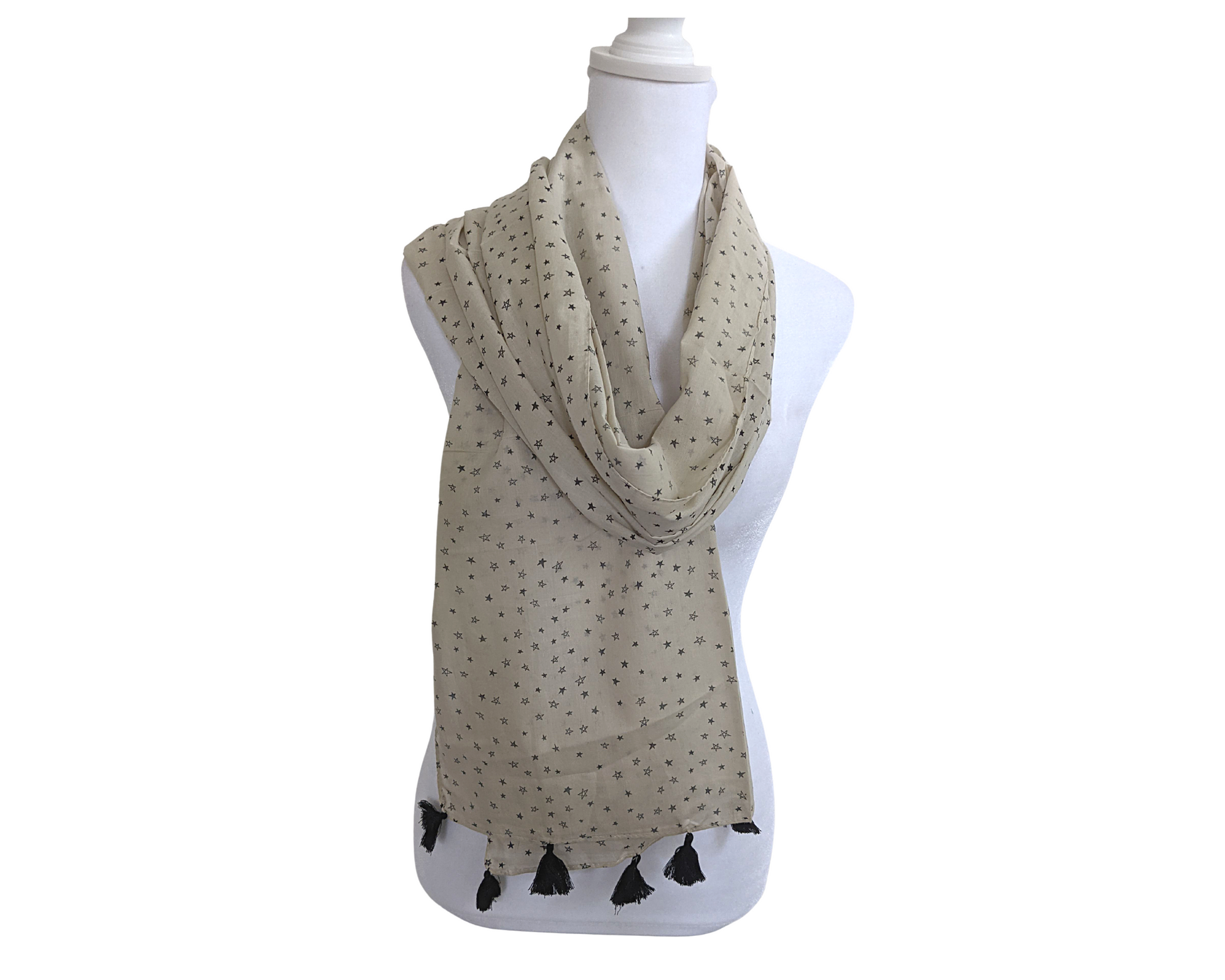 Off White Stars Cotton Scarf | Black Tassels - Craft Bazaar