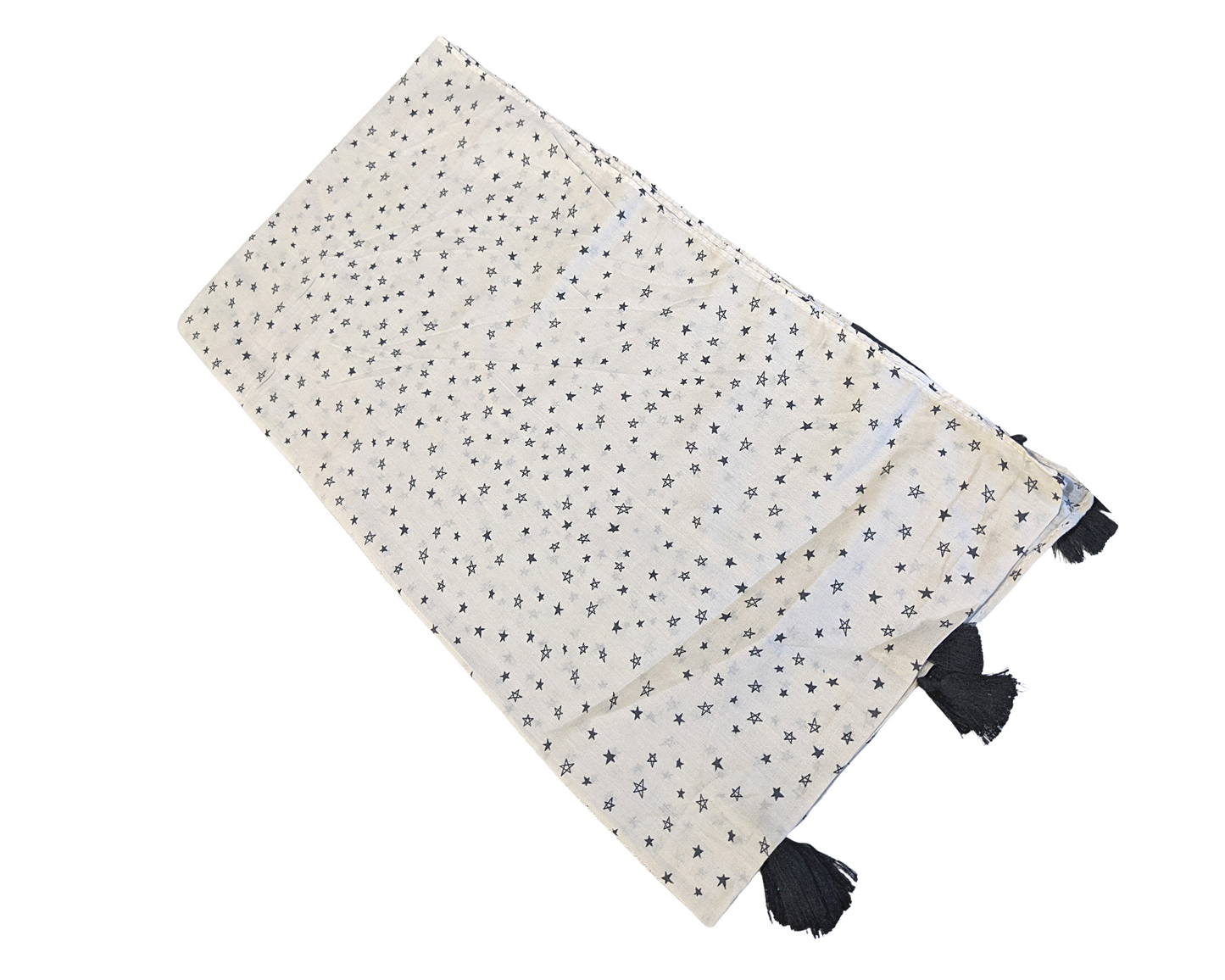 Off White Stars Cotton Scarf | Black Tassels - Craft Bazaar