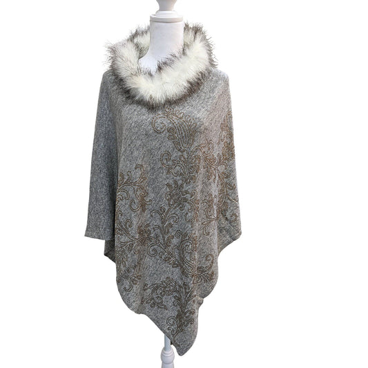Crystal-Studded-Pure-Wool-Fur-Poncho-[Gray]-1