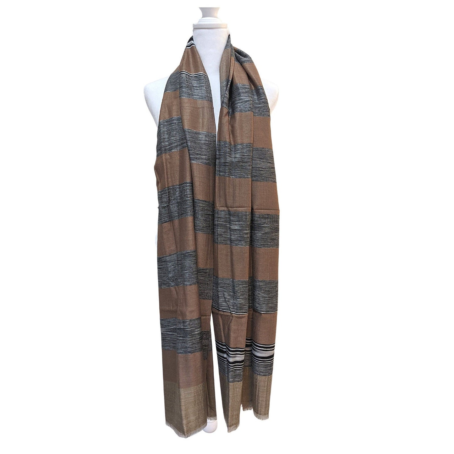 Pashmina / Cashmere Ikat Stripes Scarf [Brown] - Craft Bazaar