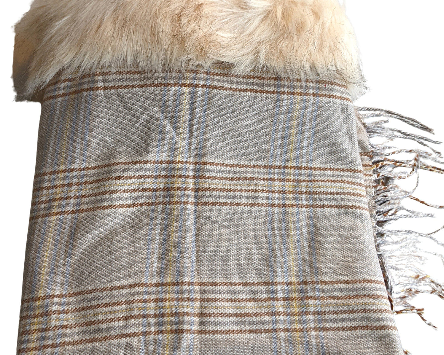 Plaid Blanket Style Pure Wool Fur Poncho. - Craft Bazaar