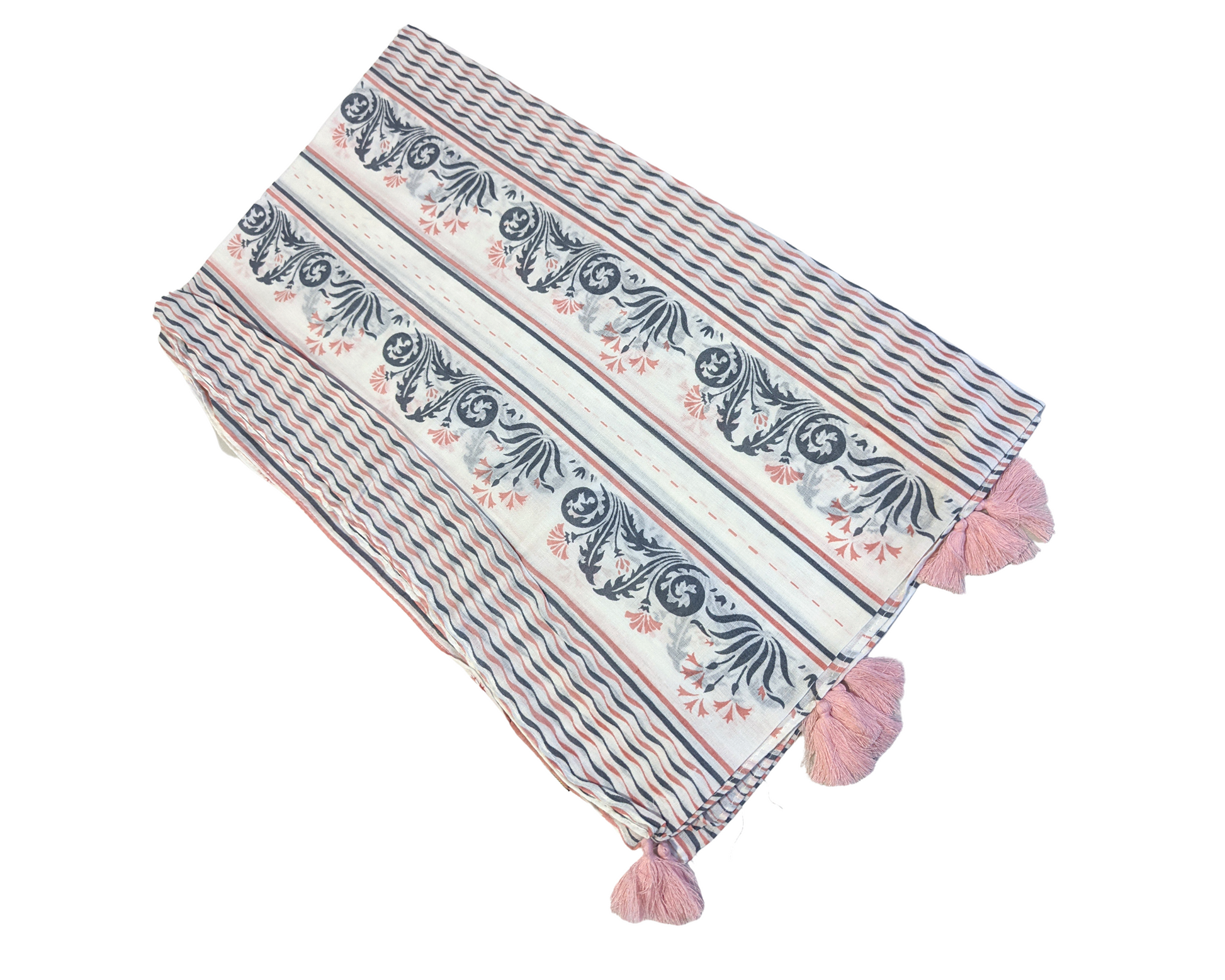 Off-white Pink Gray Cotton Scarf | Pink Tassels - Craft Bazaar
