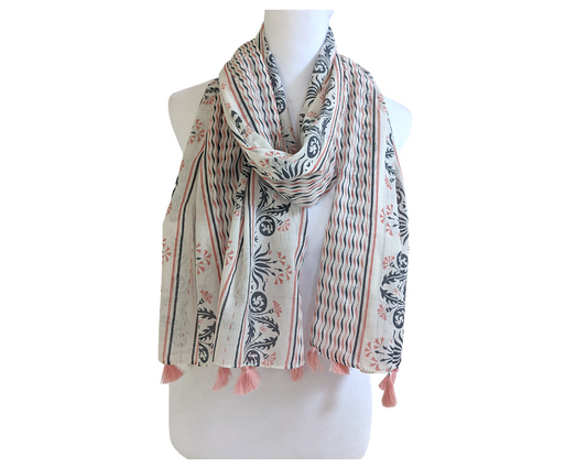 Off-white Pink Gray Cotton Scarf | Pink Tassels - Craft Bazaar