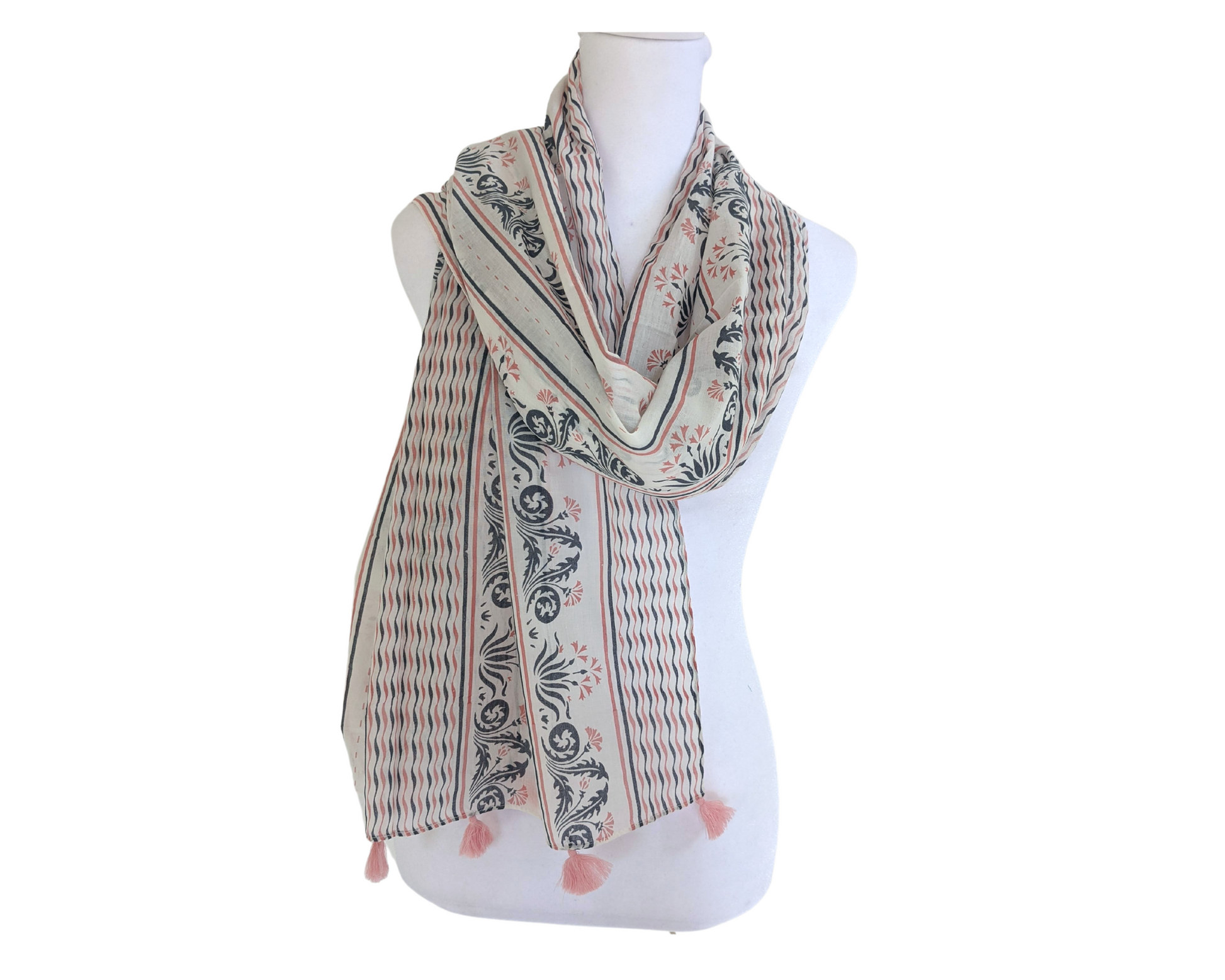Off-white Pink Gray Cotton Scarf | Pink Tassels - Craft Bazaar