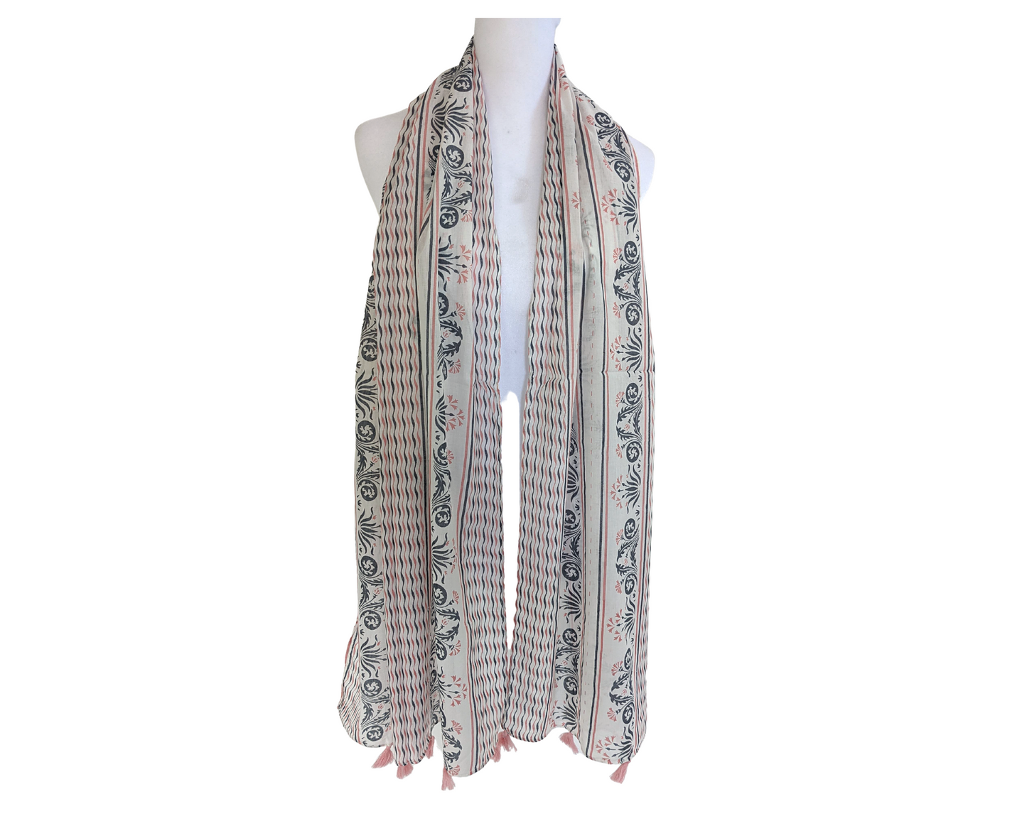Off-white Pink Gray Cotton Scarf | Pink Tassels - Craft Bazaar