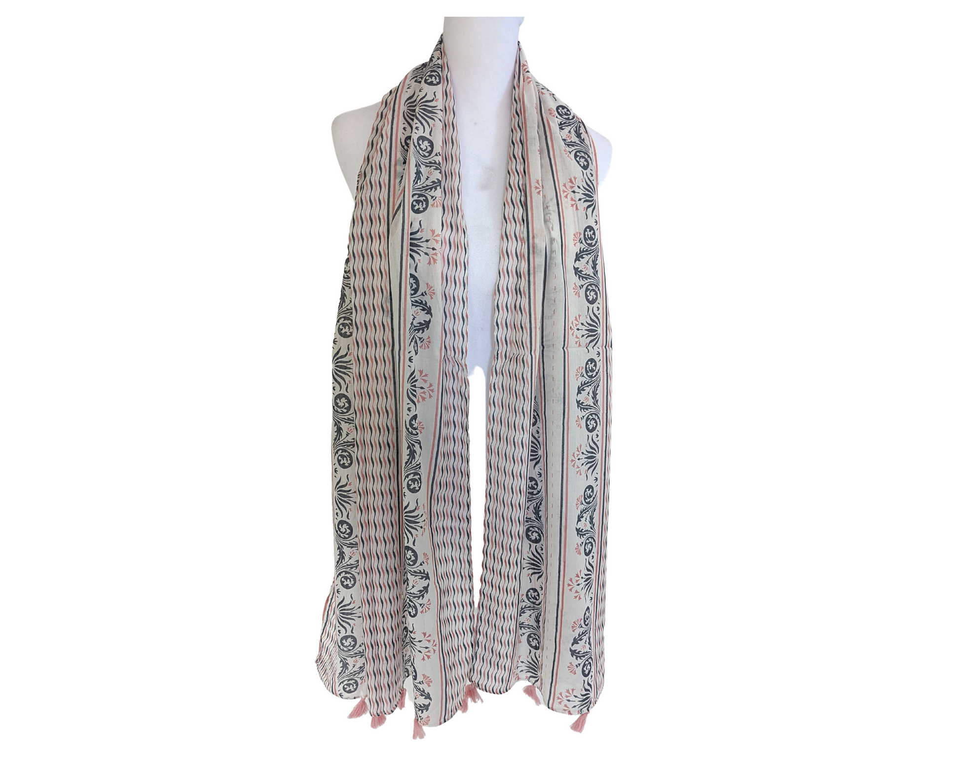 Off-white Pink Gray Cotton Scarf | Pink Tassels - Craft Bazaar