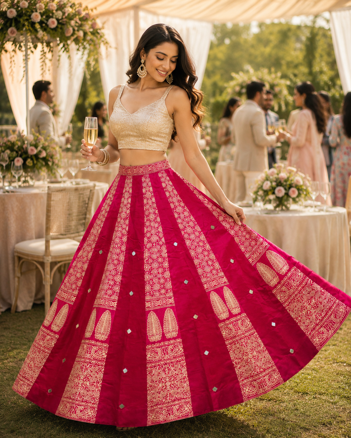 Indian Mirror Work Silk Lehenga Skirt