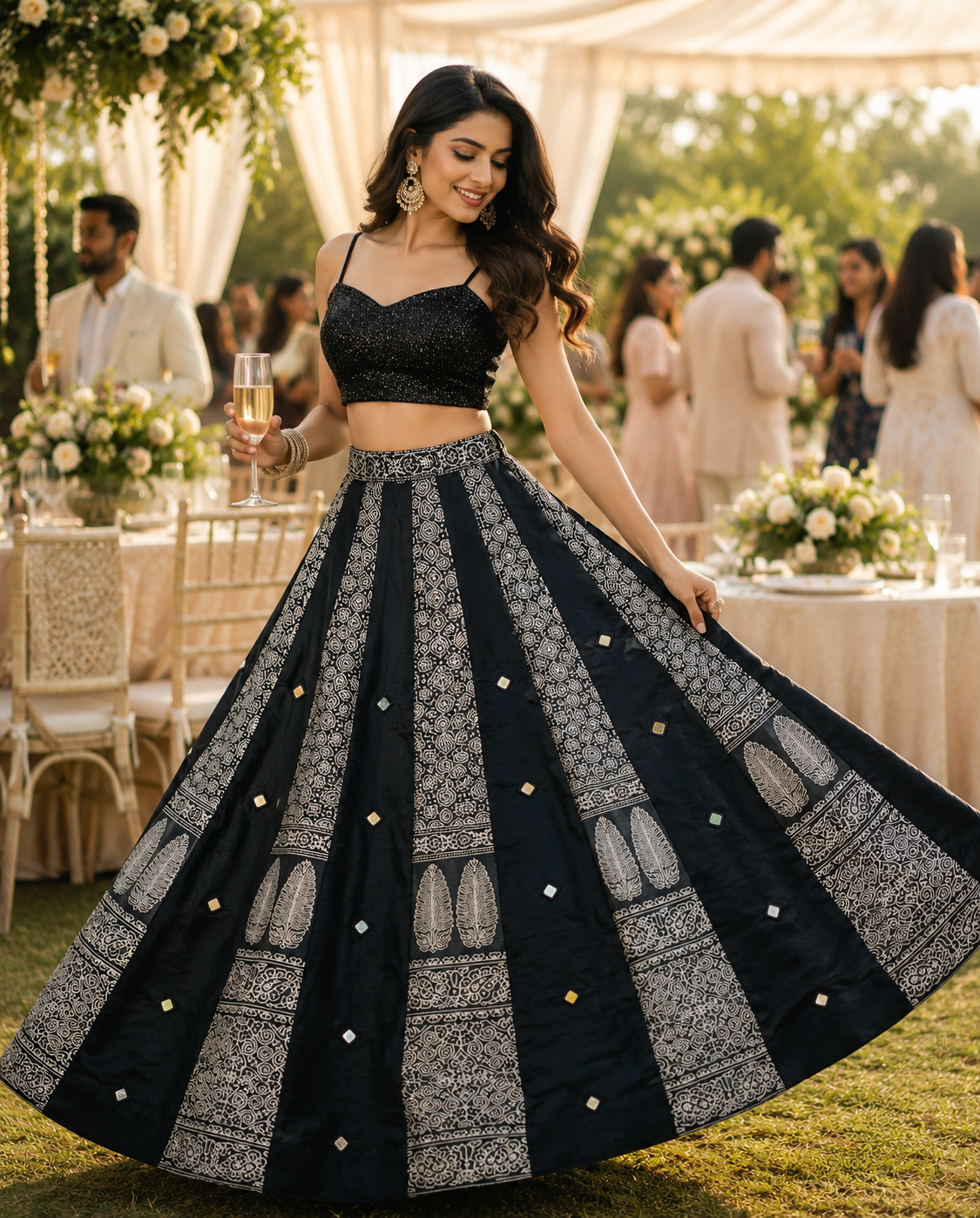 Indian Mirror Work Silk Lehenga Skirt