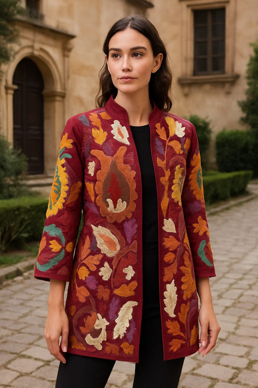 Maroon Cotton Long Coat, Full Sleeves Jackets for Women