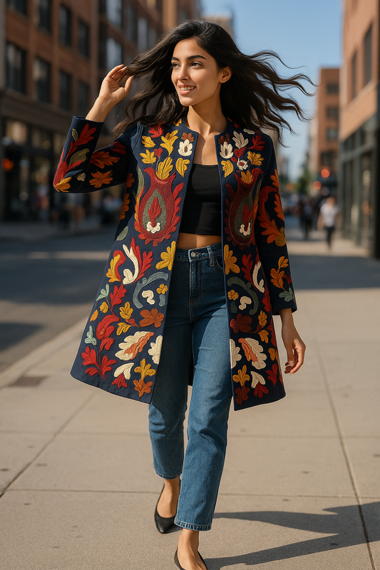 Navy Cotton Long Coat, Full Sleeves Jackets for Women