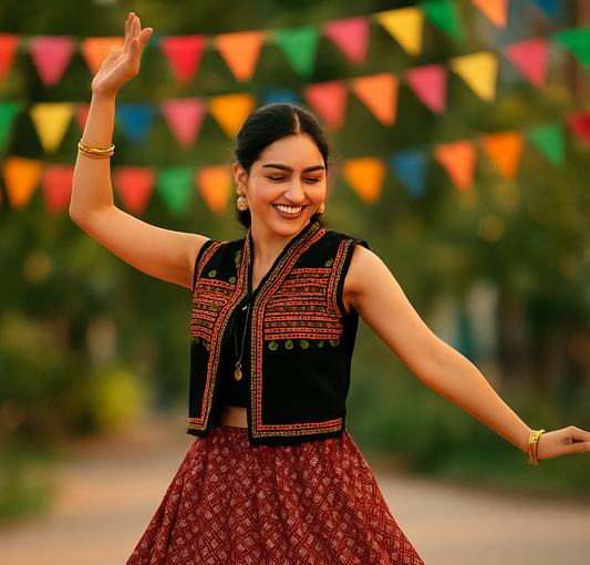 Cotton Indian Ethnic Garba Dandiya Sleeveless Koti (Black)