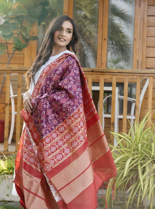 Traditional Silk Patola Dupatta [Wine & Red]