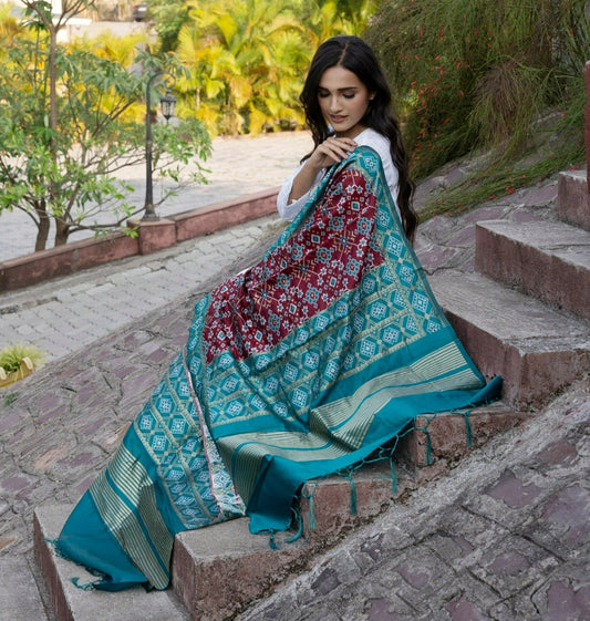 Traditional Silk Patola Dupatta [Maroon & Green]