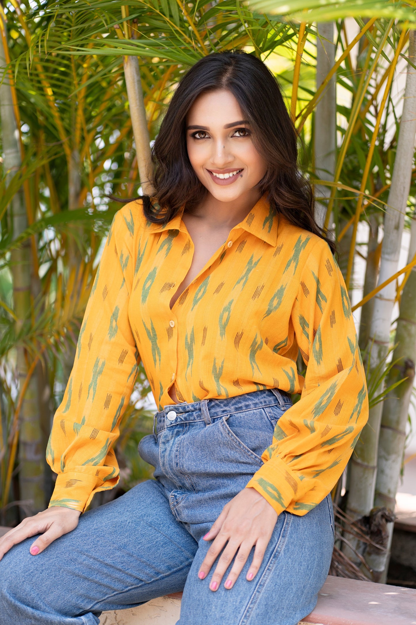 Women Button Down Shirt Long Sleeves for Summer - Yellow