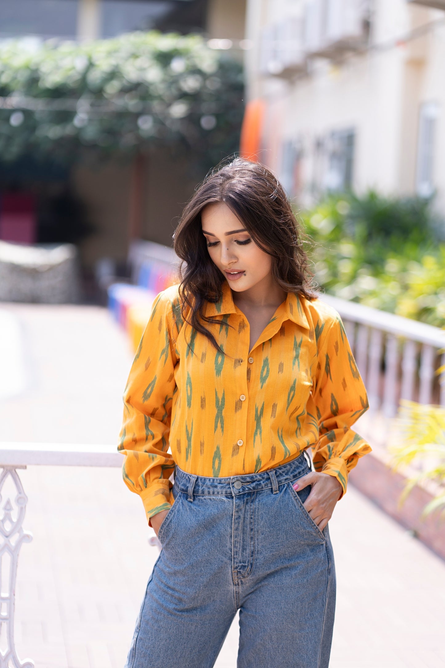 Women Button Down Shirt Long Sleeves for Summer - Yellow