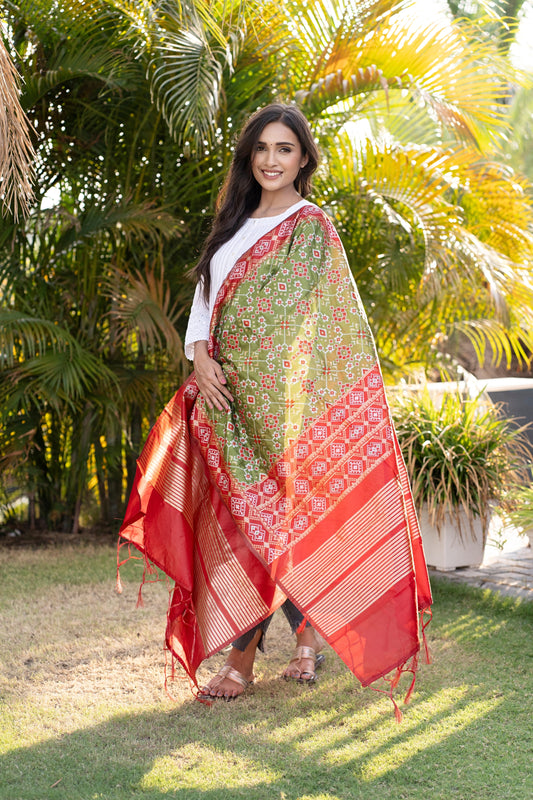 Traditional Silk Patola Dupatta [Green & Red]