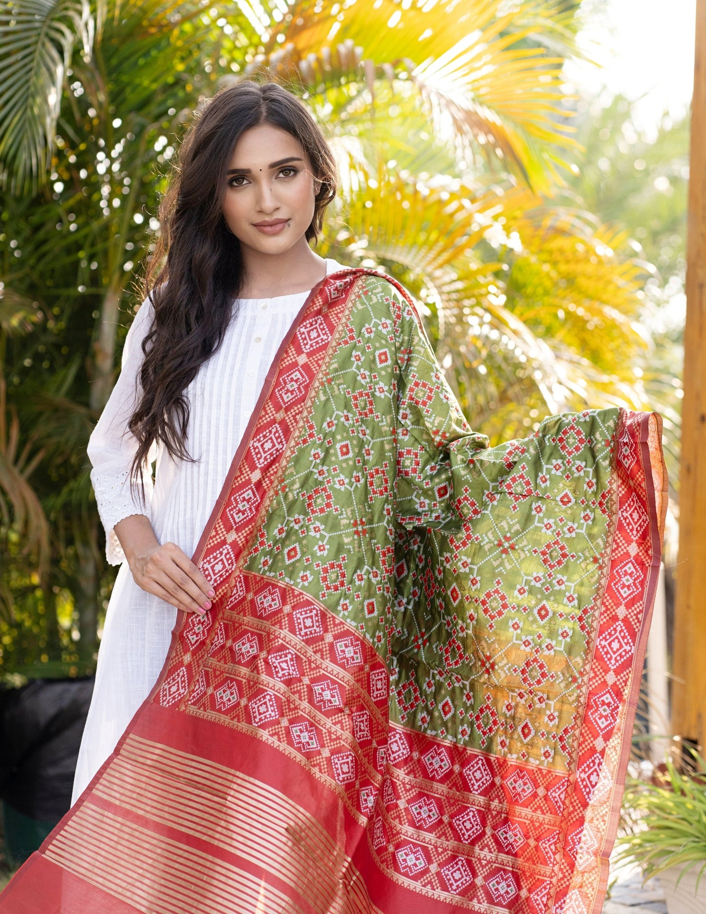 Traditional Silk Patola Dupatta [Green & Red]