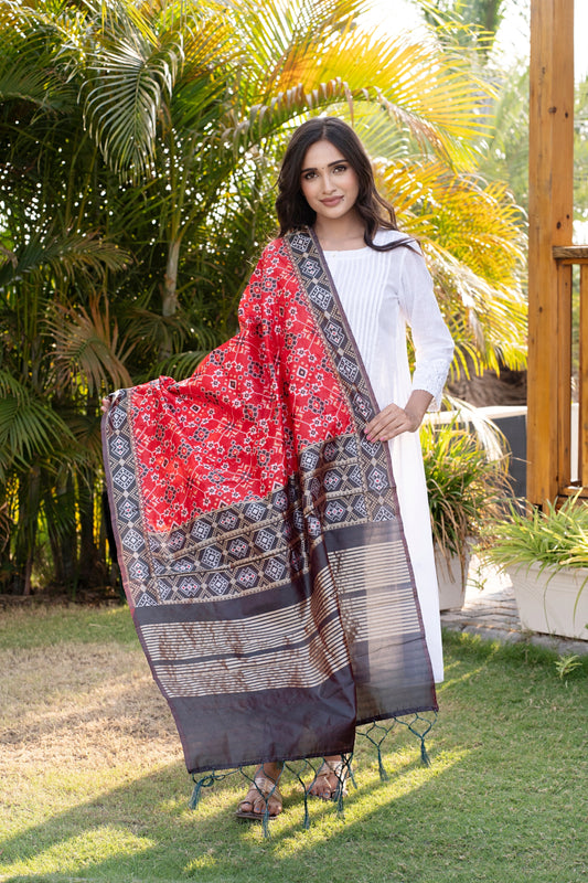 Traditional Silk Patola Dupatta [Red & Black]