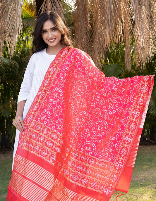 Traditional Silk Patola Dupatta [Hot Pink & Red]