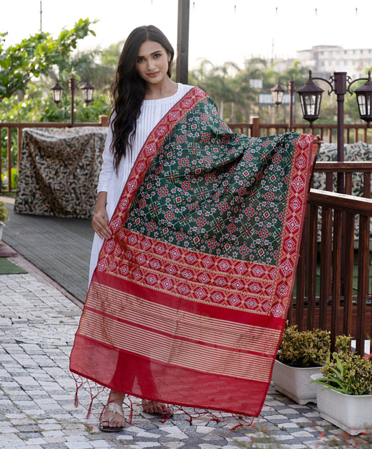 Traditional Silk Patola Dupatta [Dark Green & Red]