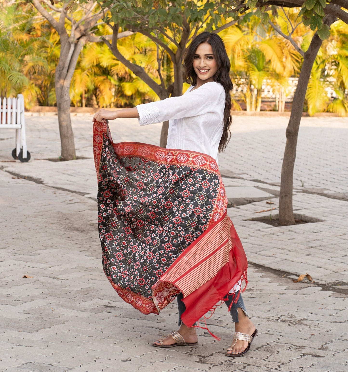 Traditional Patola Silk Dupatta [Black & Maroon]