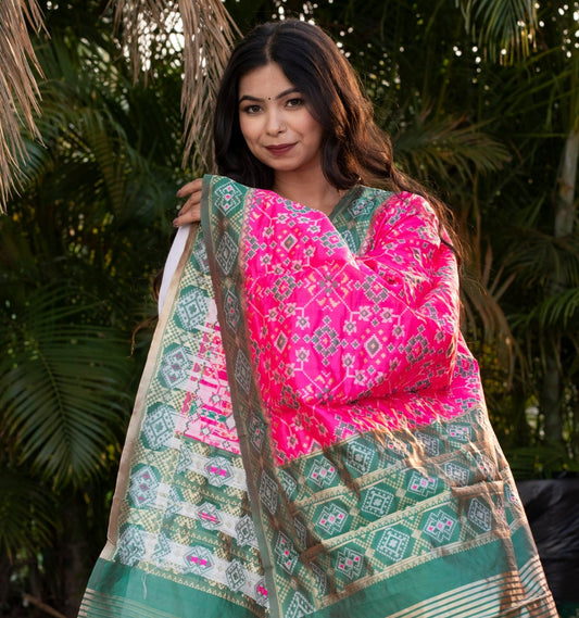 Traditional Silk Patola Dupatta [Hot Pink & Green]