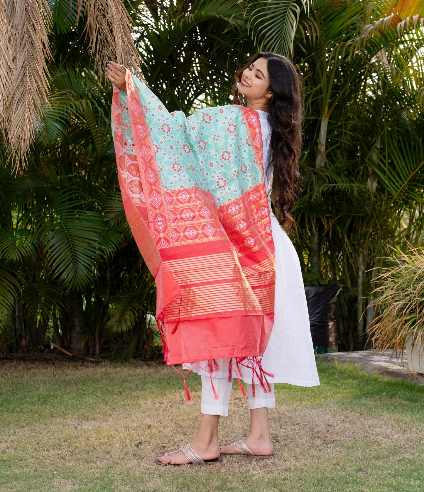 Traditional Silk Patola Dupatta [Turquoise & Red]