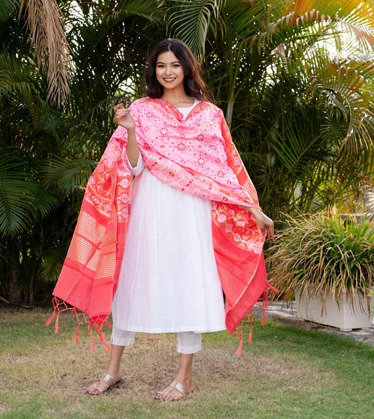 Traditional Silk Patola Dupatta [Pink & Red]