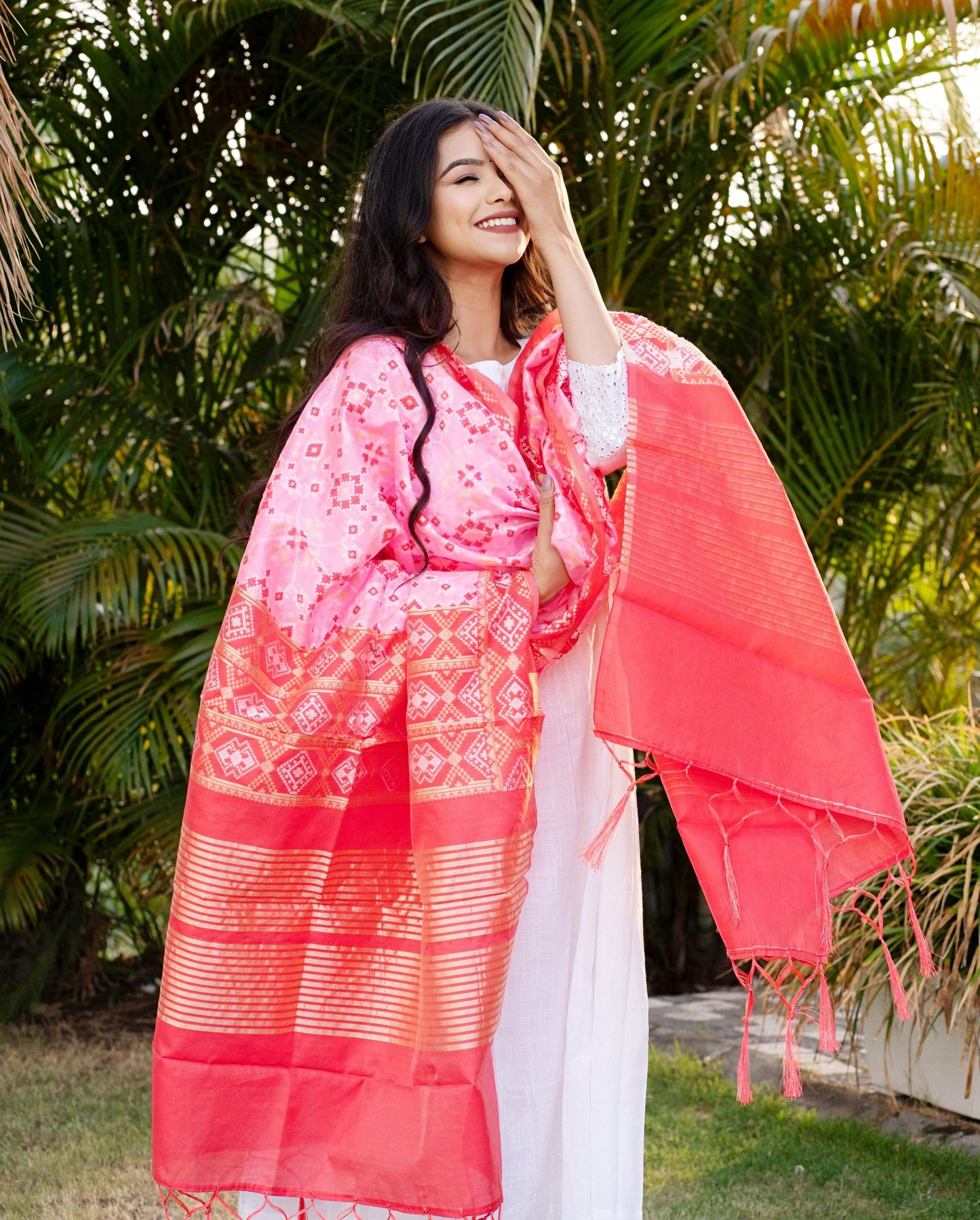 Traditional Silk Patola Dupatta [Pink & Red]