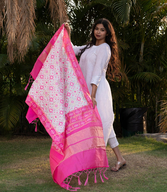 Traditional Silk Patola Dupatta [White & Pink]