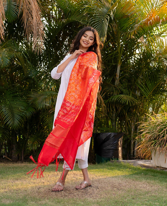 Traditional Silk Patola Dupatta [Orange & Red]