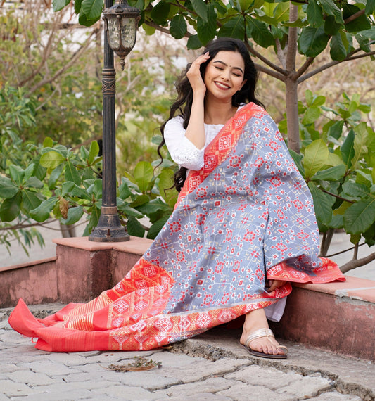 Traditional Silk Patola Dupatta [Gray & Maroon]