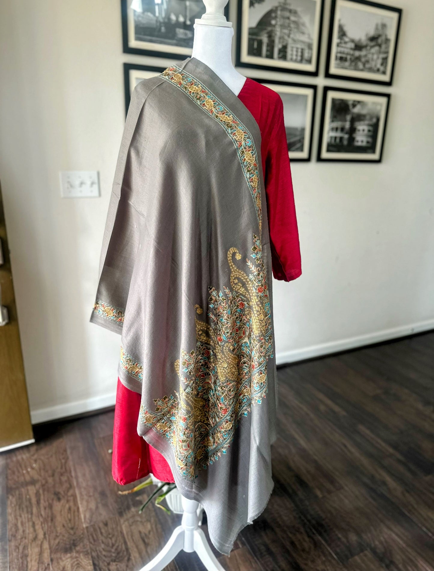 Luxury Pashmina Indian Wedding Scarf, Warm Winter Stole | Dark Gray Scarf