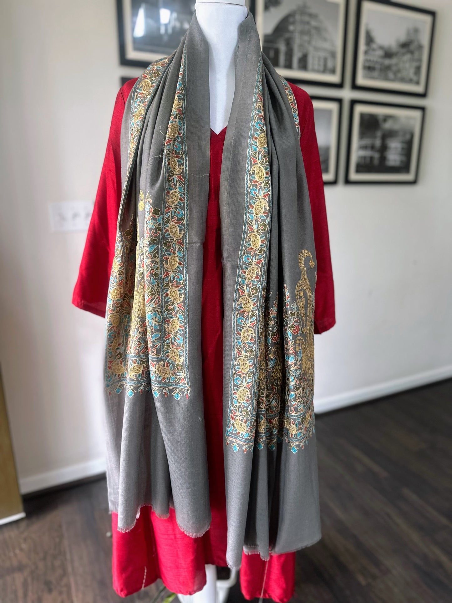 Luxury Pashmina Indian Wedding Scarf, Warm Winter Stole | Dark Gray Scarf
