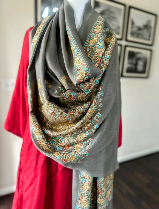 Luxury Pashmina Indian Wedding Scarf, Warm Winter Stole | Dark Gray Scarf