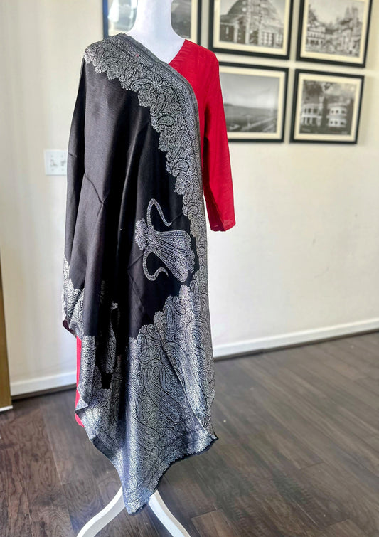 Pashmina Wool Black Scarf For Women and Men With Zari Border, Finest Quality Kashmiri Shawl