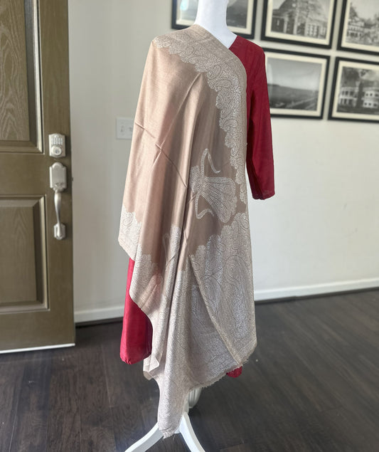 Pashmina Wool Beige Scarf For Women and Men With Gold Zari Border, Finest Quality Kashmiri Shawl