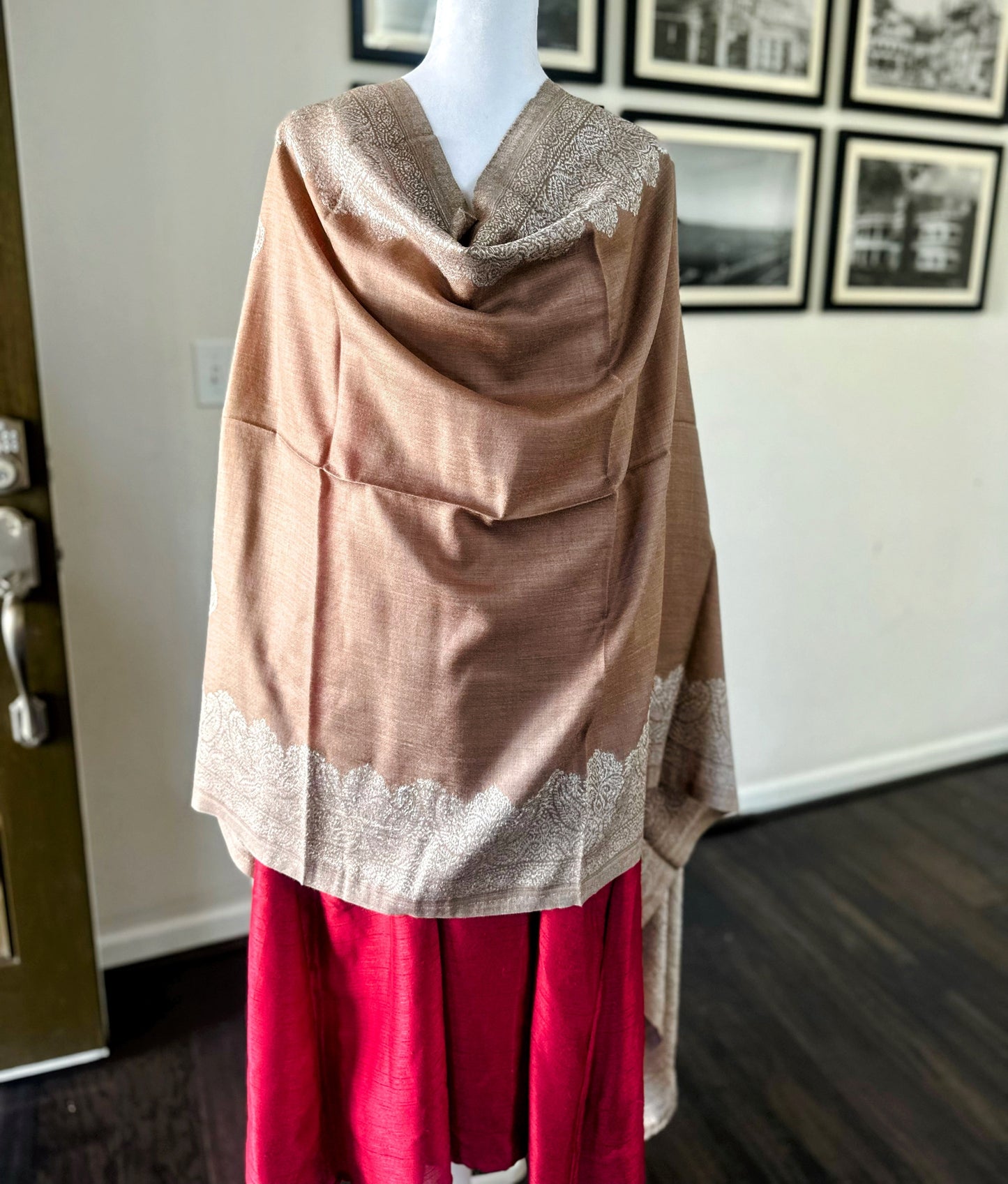 Pashmina Wool Beige Scarf For Women and Men With Gold Zari Border, Finest Quality Kashmiri Shawl