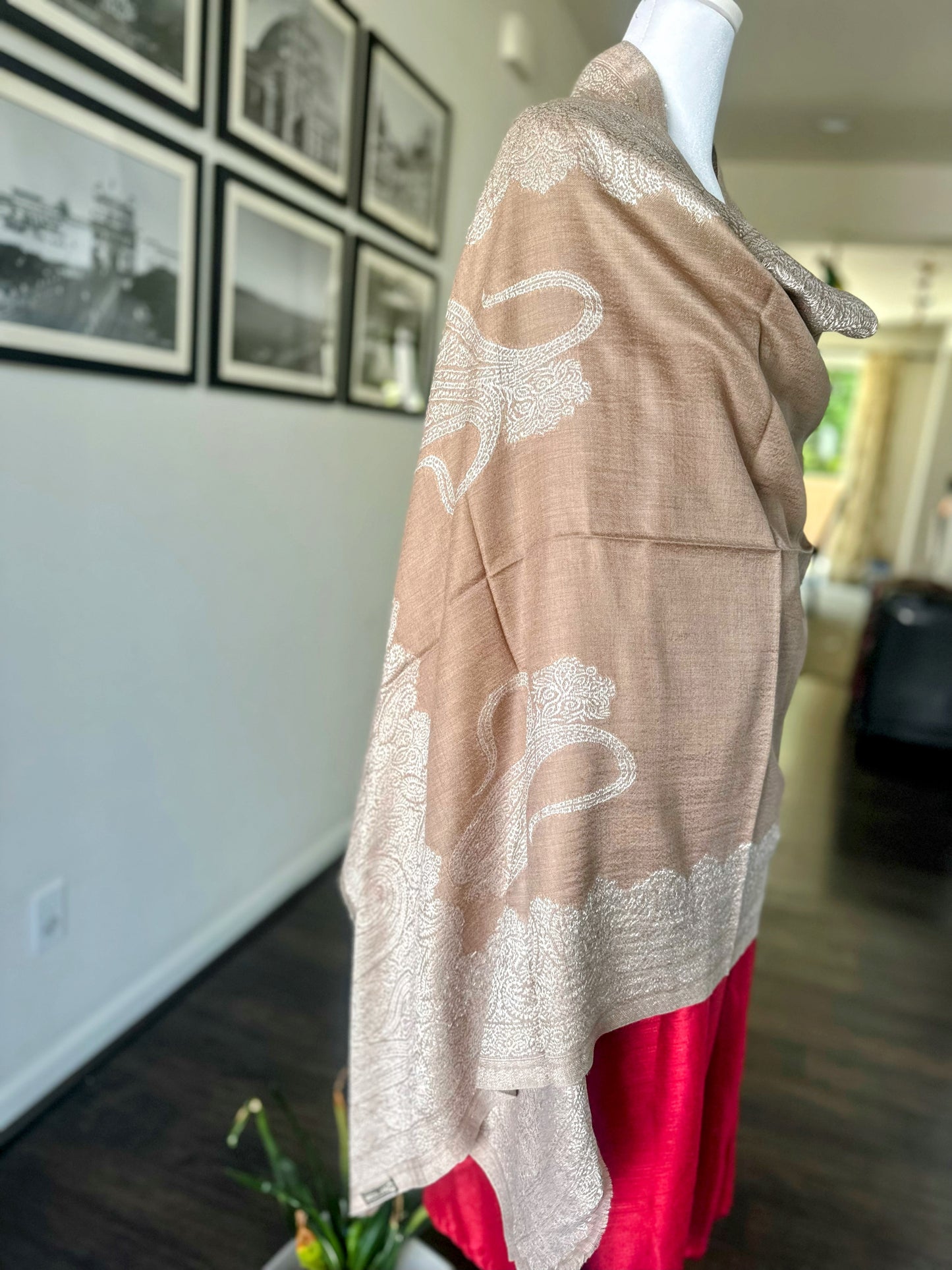 Pashmina Wool Beige Scarf For Women and Men With Gold Zari Border, Finest Quality Kashmiri Shawl