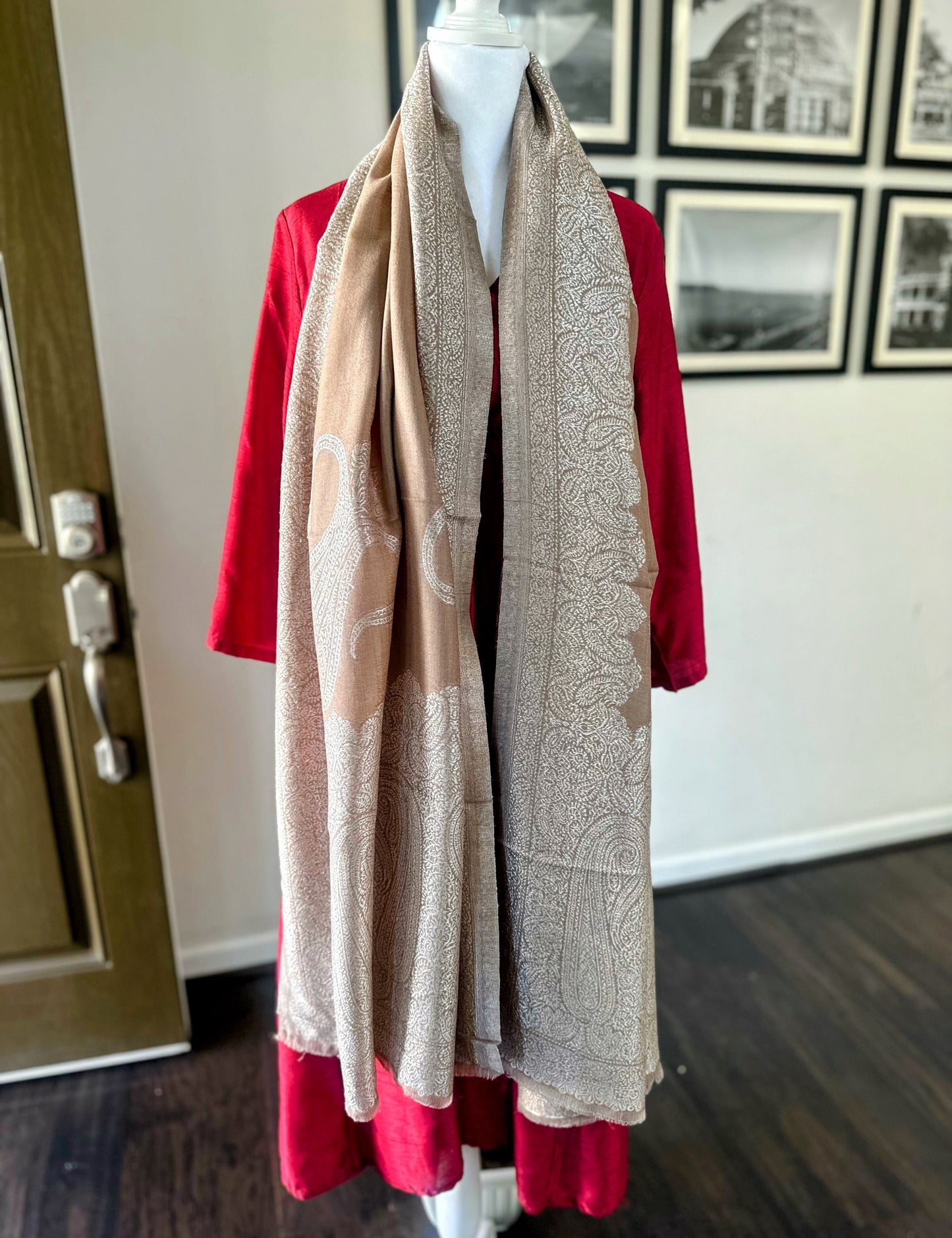 Pashmina Wool Beige Scarf For Women and Men With Gold Zari Border, Finest Quality Kashmiri Shawl