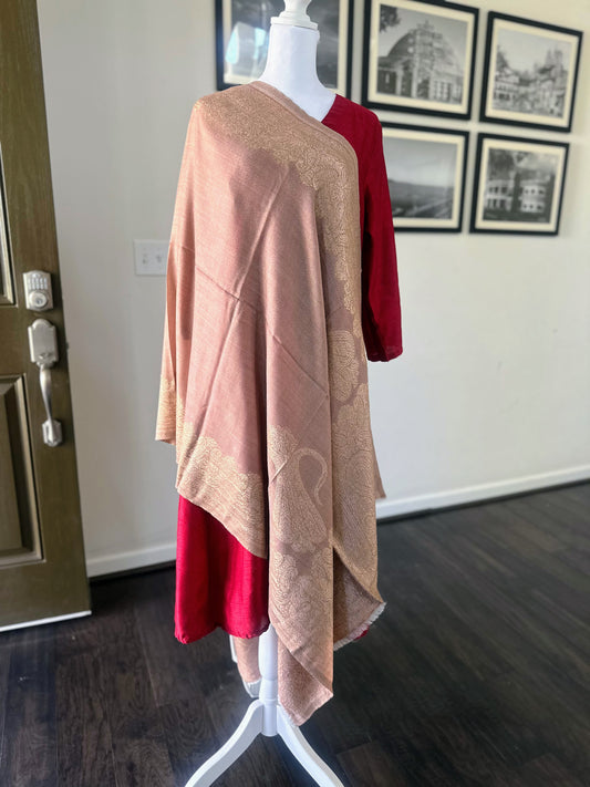 Pashmina Wool Brown Scarf For Women and Men With Gold Zari Border, Finest Quality Kashmiri Shawl