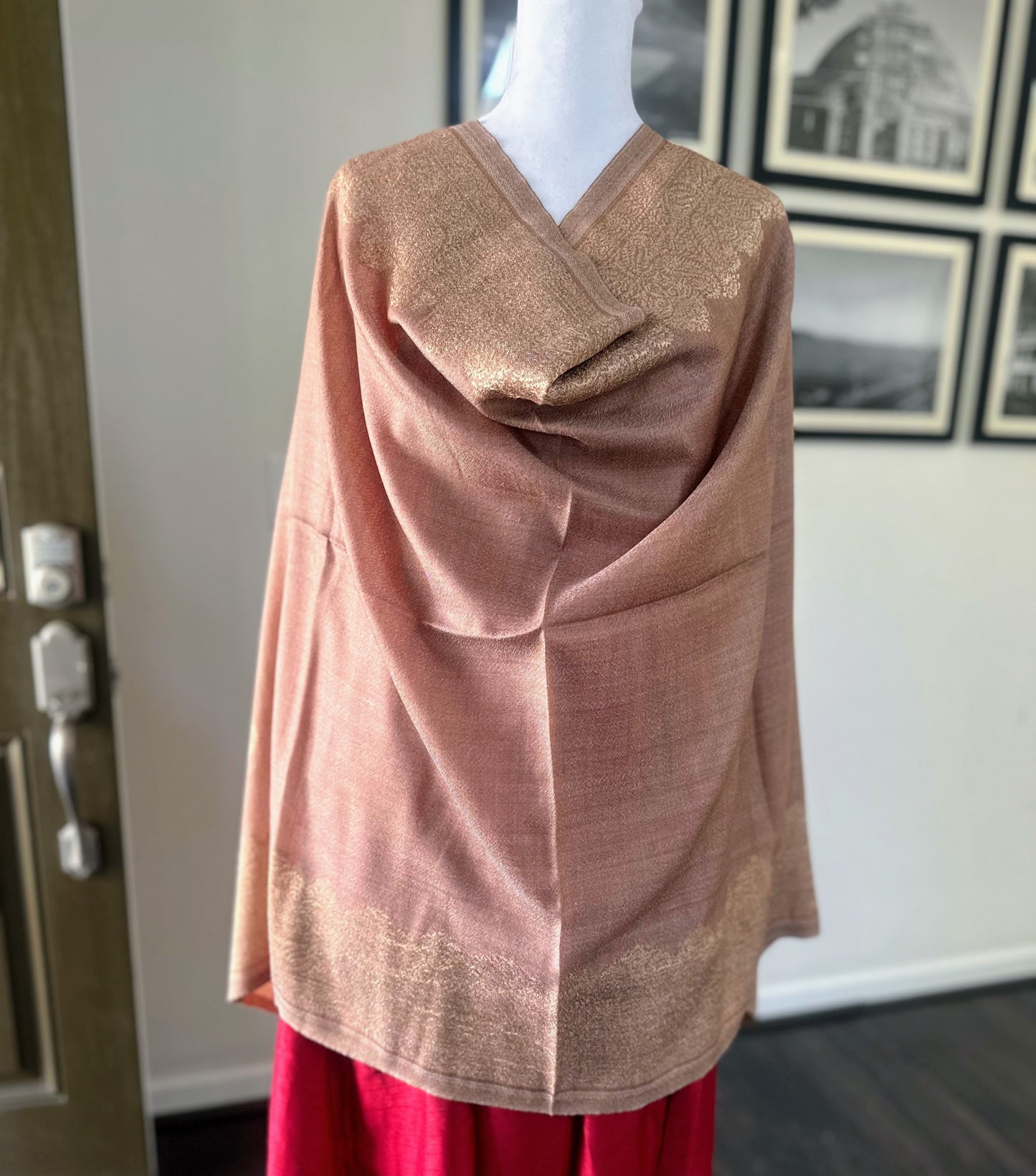 Pashmina Wool Brown Scarf For Women and Men With Gold Zari Border, Finest Quality Kashmiri Shawl