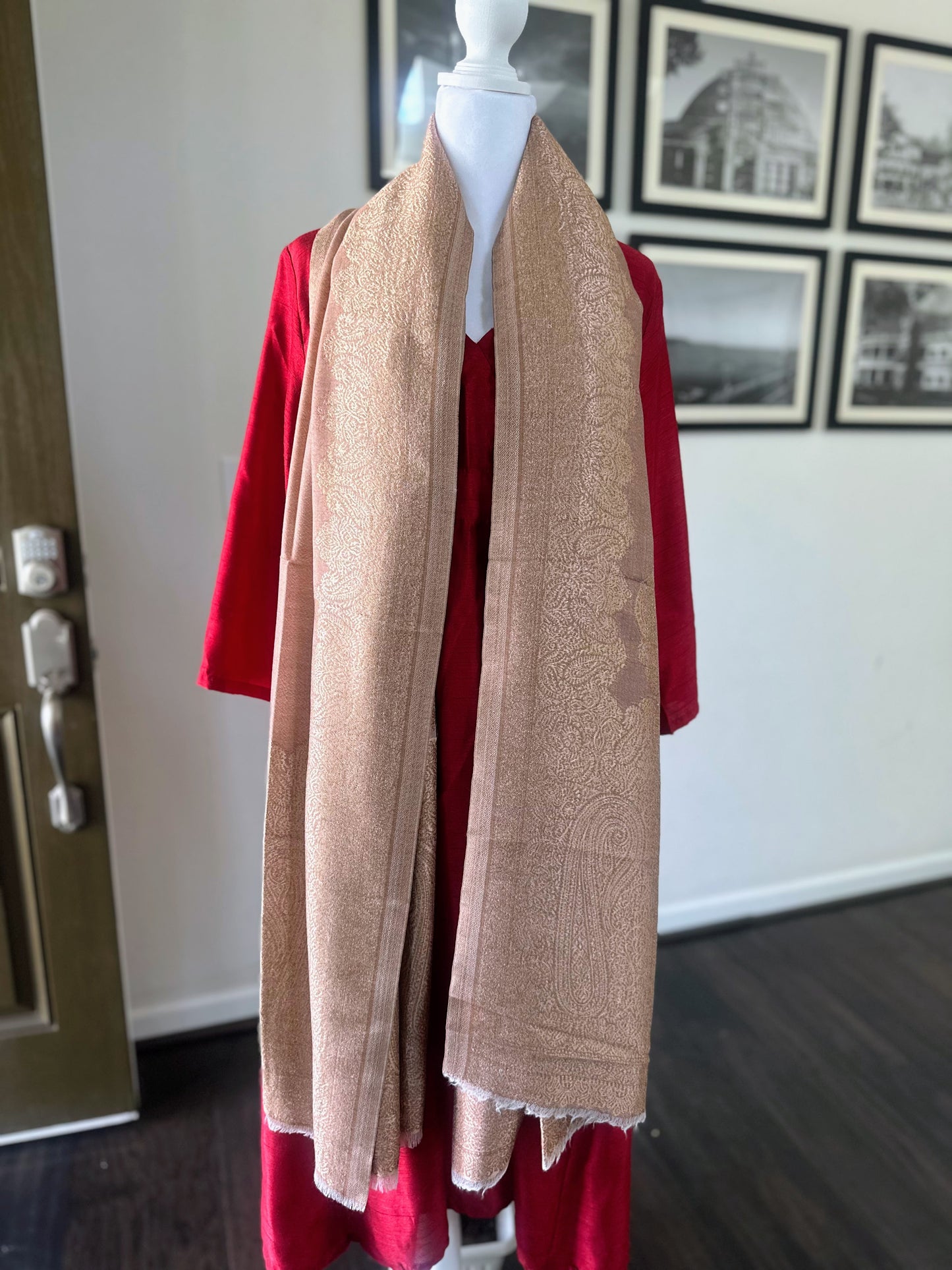 Pashmina Wool Brown Scarf For Women and Men With Gold Zari Border, Finest Quality Kashmiri Shawl