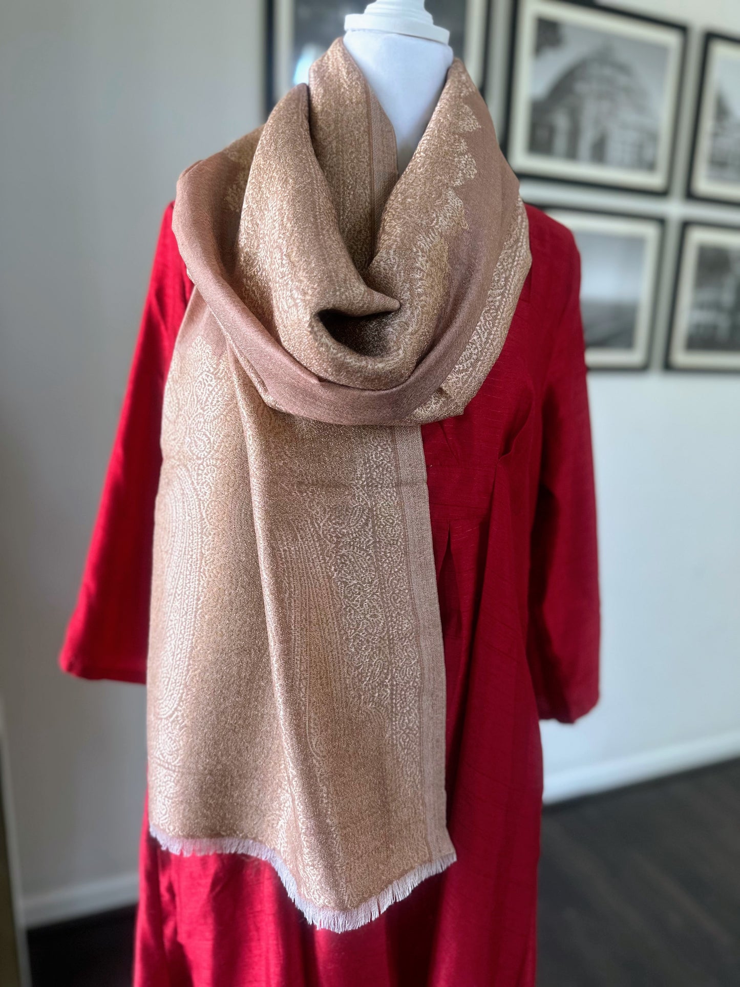 Pashmina Wool Brown Scarf For Women and Men With Gold Zari Border, Finest Quality Kashmiri Shawl
