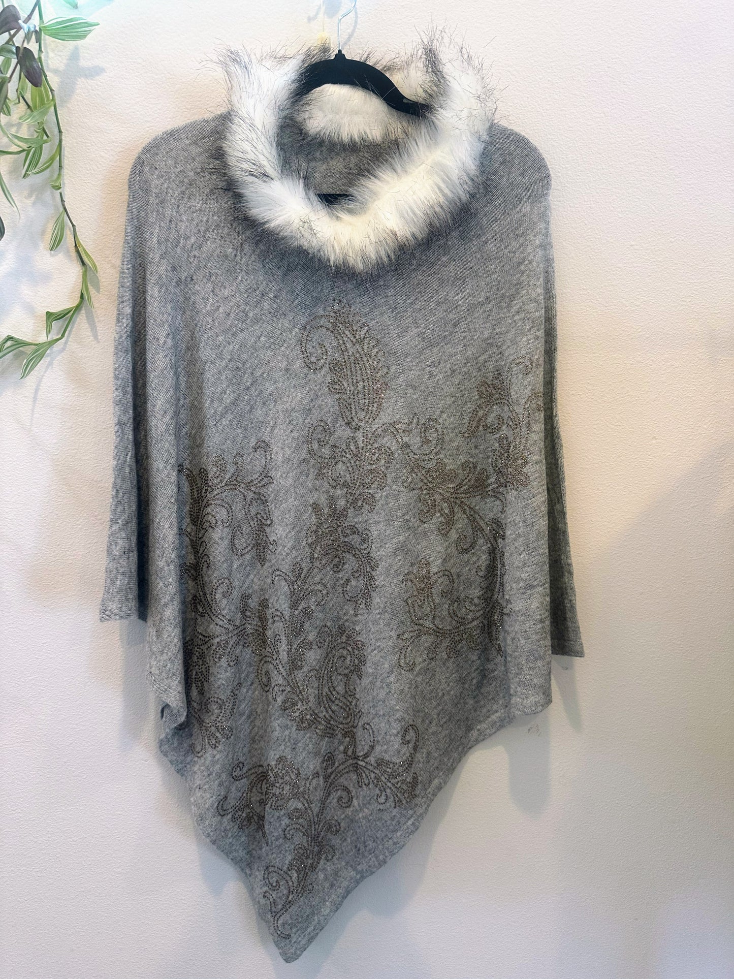 Crystal Studded Pure Wool Fur Poncho [Gray]