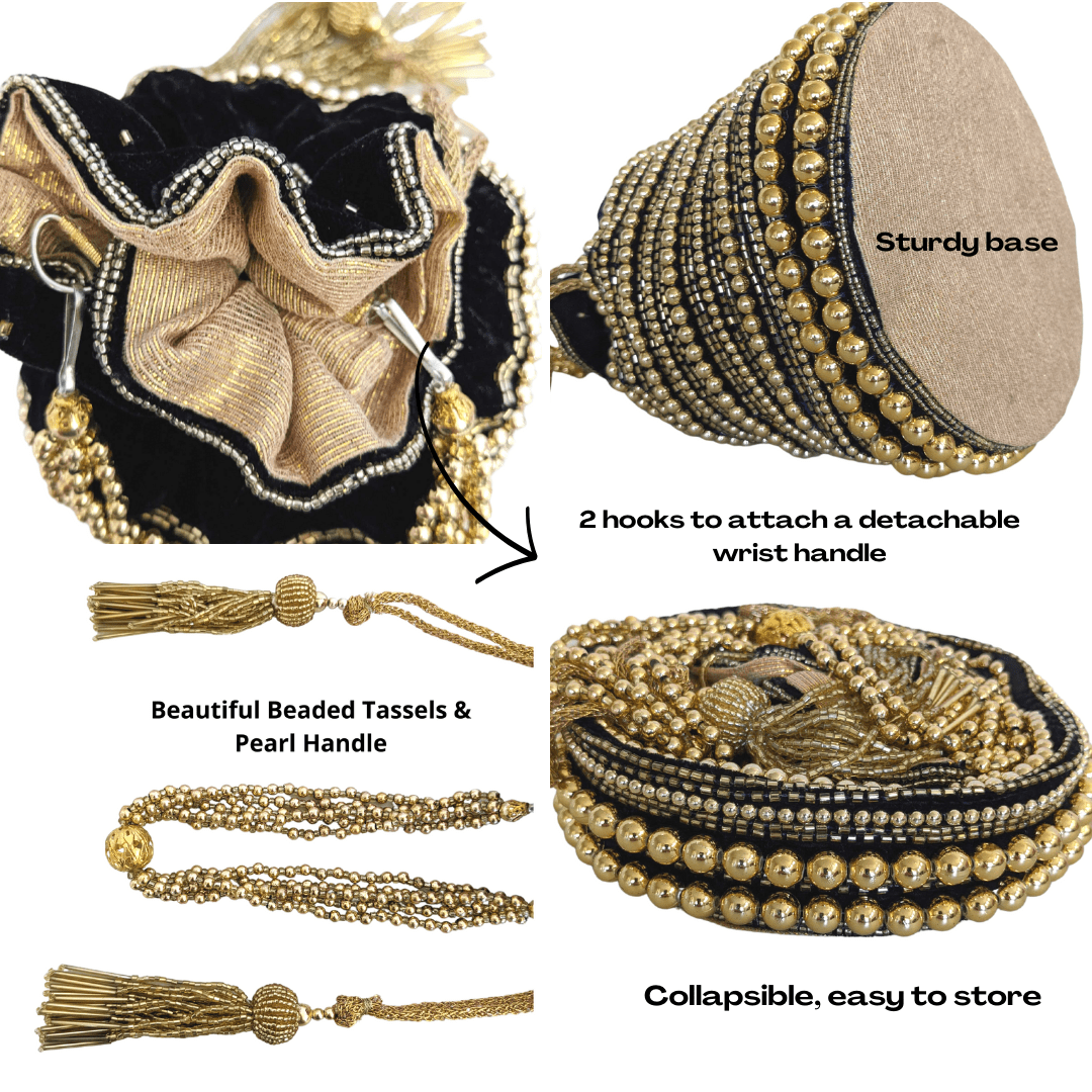 Embellished Velvet Indian Potli Bag With Gold Handle - Craft Bazaar