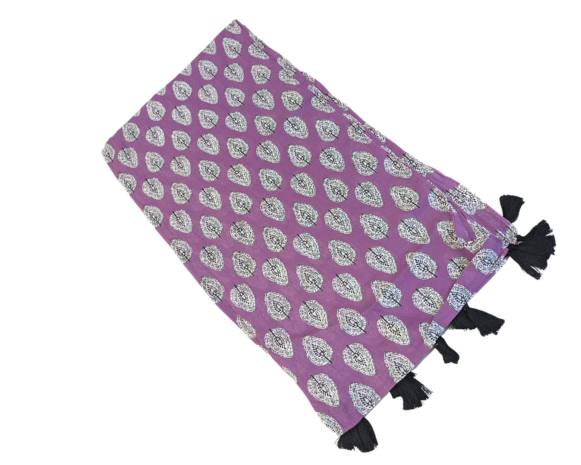 Violet Floral Cotton Scarf | Black Tassels - Craft Bazaar
